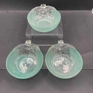 Set of 3 Frosted Light Seafoam Green Glass Berry Bowls Fruit Dish Clear Glass
